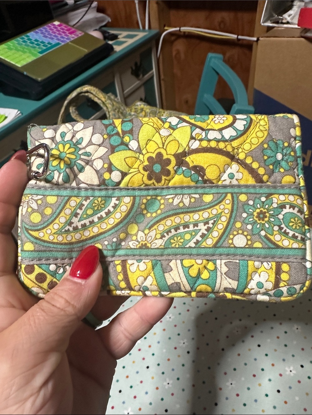 Quilted Floral Paisley Wristlet - Yellow Teal